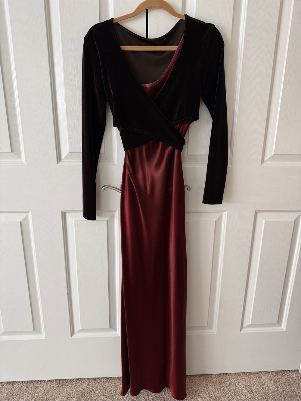Satin Long-Sleeve Evening Dress with Velvet Bolero attached